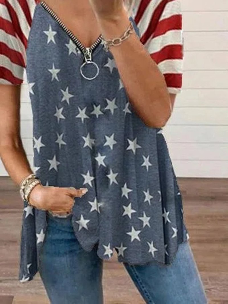 Loose Star Print Zipper V-neck Short-sleeved T-shirt - LuckyFash™
