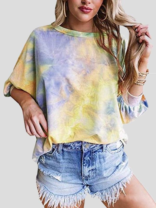 Loose Tie-Dye Round Neck 3/4 Sleeve T-Shirt - LuckyFash™