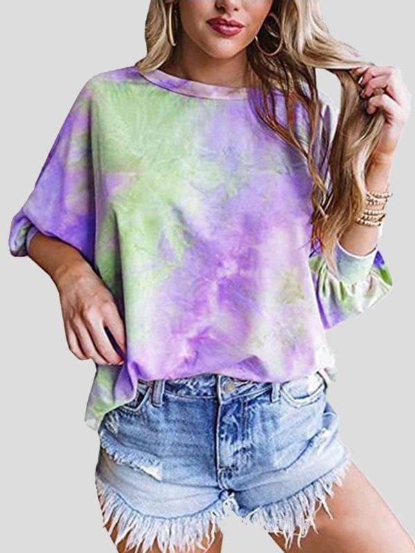 Loose Tie-Dye Round Neck 3/4 Sleeve T-Shirt - LuckyFash™