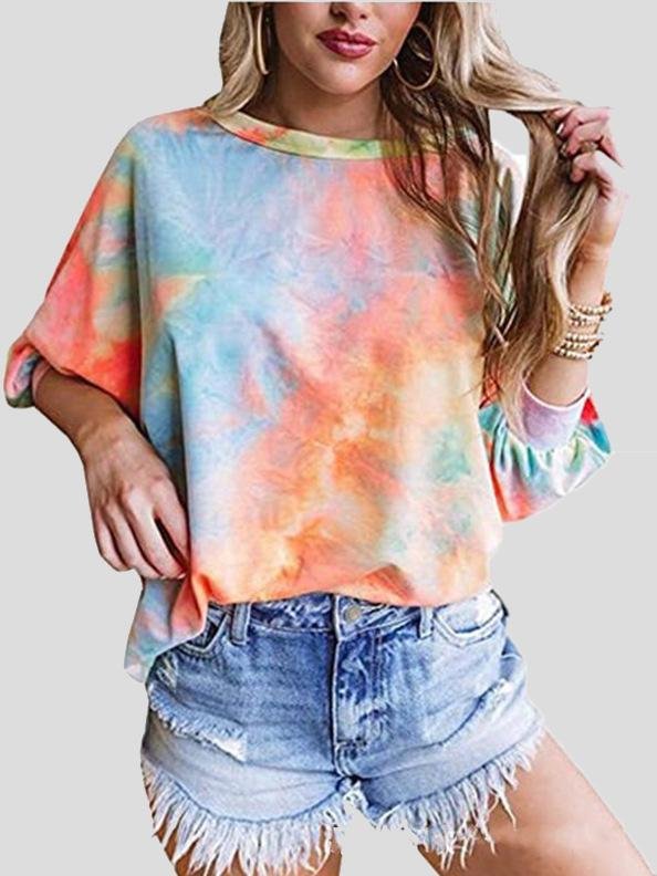 Loose Tie-Dye Round Neck 3/4 Sleeve T-Shirt - LuckyFash™
