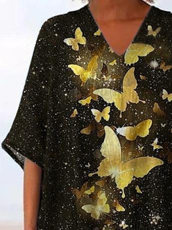 Loose V-Neck Irregular Half Sleeve Printed T-Shirts - LuckyFash™