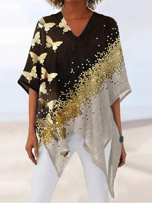 Loose V-Neck Irregular Half Sleeve Printed T-Shirts - LuckyFash™