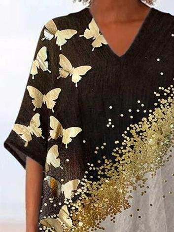 Loose V-Neck Irregular Half Sleeve Printed T-Shirts - LuckyFash™