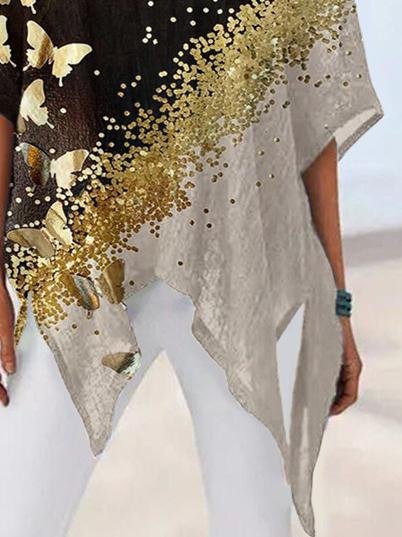 Loose V-Neck Irregular Half Sleeve Printed T-Shirts - LuckyFash™