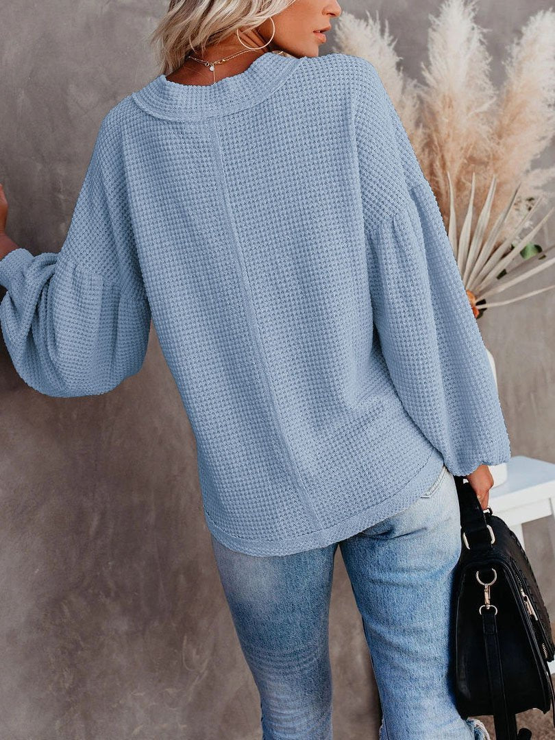 Loose V-neck Lantern Sleeve Top - LuckyFash™