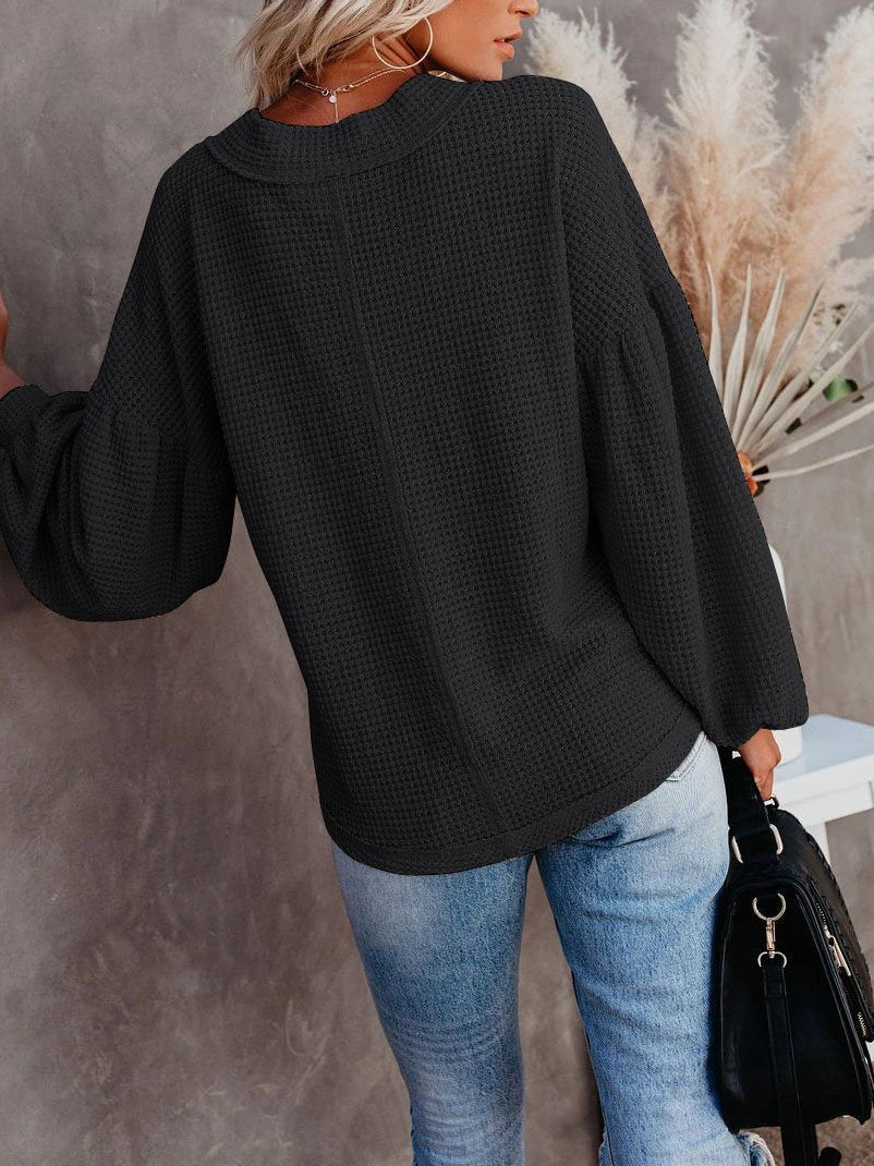 Loose V-neck Lantern Sleeve Top - LuckyFash™