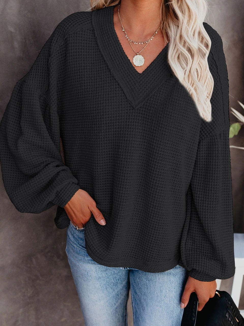 Loose V-neck Lantern Sleeve Top - LuckyFash™
