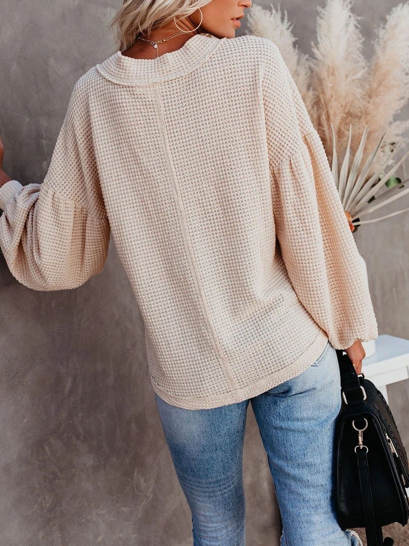 Loose V-neck Lantern Sleeve Top - LuckyFash™
