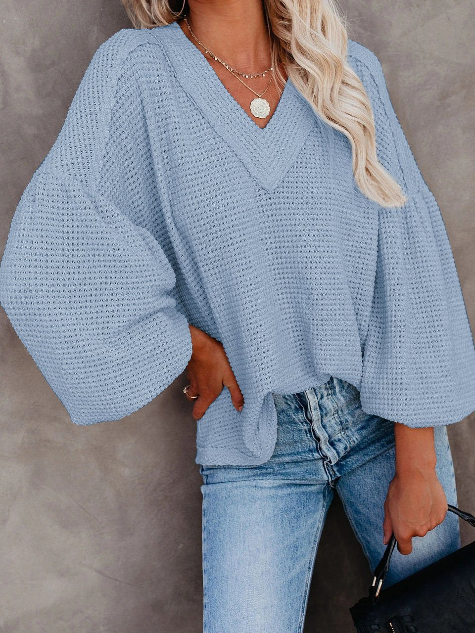 Loose V-neck Lantern Sleeve Top - LuckyFash™