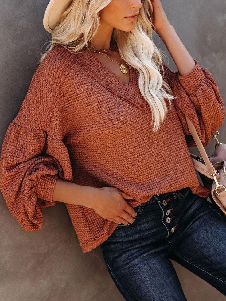 Loose V-neck Lantern Sleeve Top - LuckyFash™