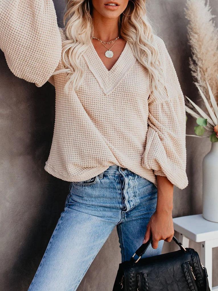 Loose V-neck Lantern Sleeve Top - LuckyFash™