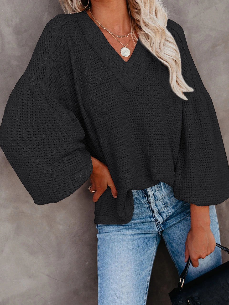 Loose V-neck Lantern Sleeve Top - LuckyFash™