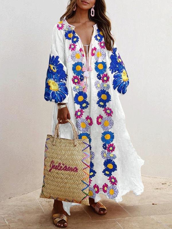 Loose V-Neck Long Sleeve Printed Dress - LuckyFash™