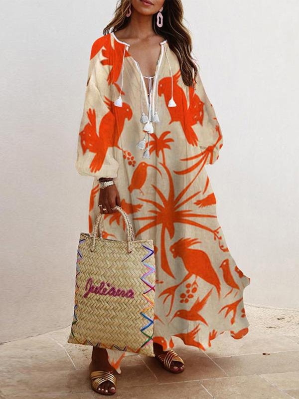 Loose V-Neck Long Sleeve Printed Dress - LuckyFash™