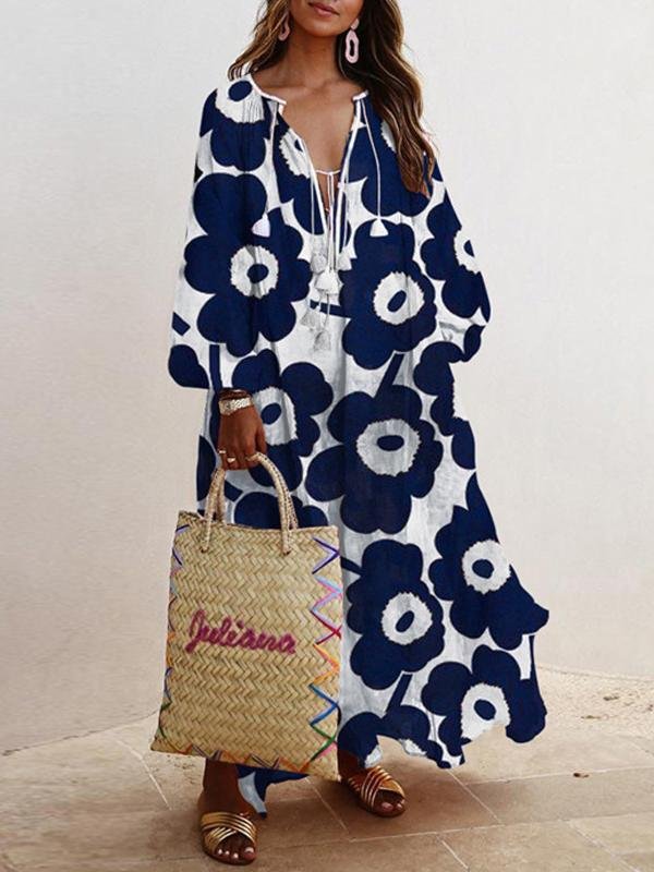 Loose V-Neck Long Sleeve Printed Dress - LuckyFash™