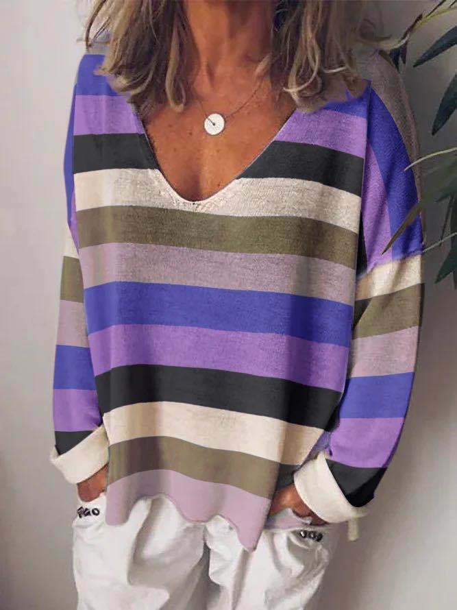 Loose V-Neck Rainbow Striped Long Sleeve T-Shirt - LuckyFash™