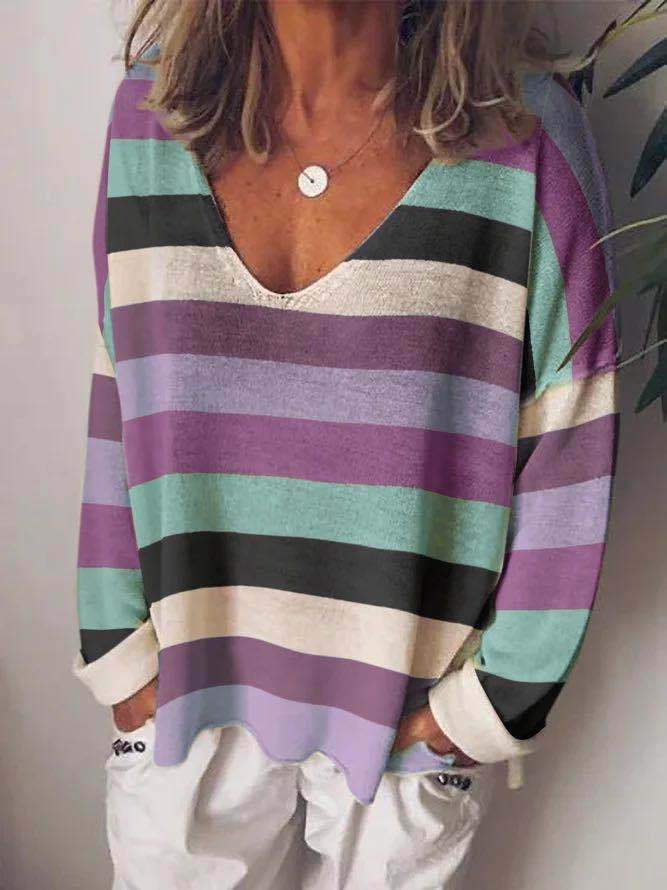 Loose V-Neck Rainbow Striped Long Sleeve T-Shirt - LuckyFash™