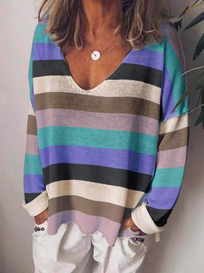 Loose V-Neck Rainbow Striped Long Sleeve T-Shirt - LuckyFash™
