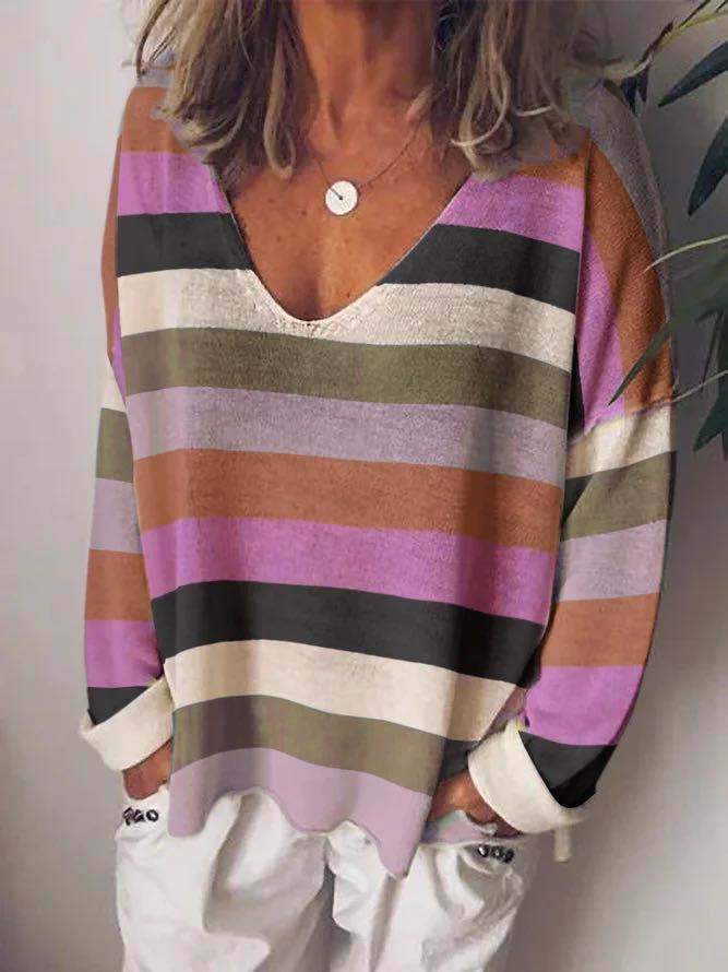 Loose V-Neck Rainbow Striped Long Sleeve T-Shirt - LuckyFash™
