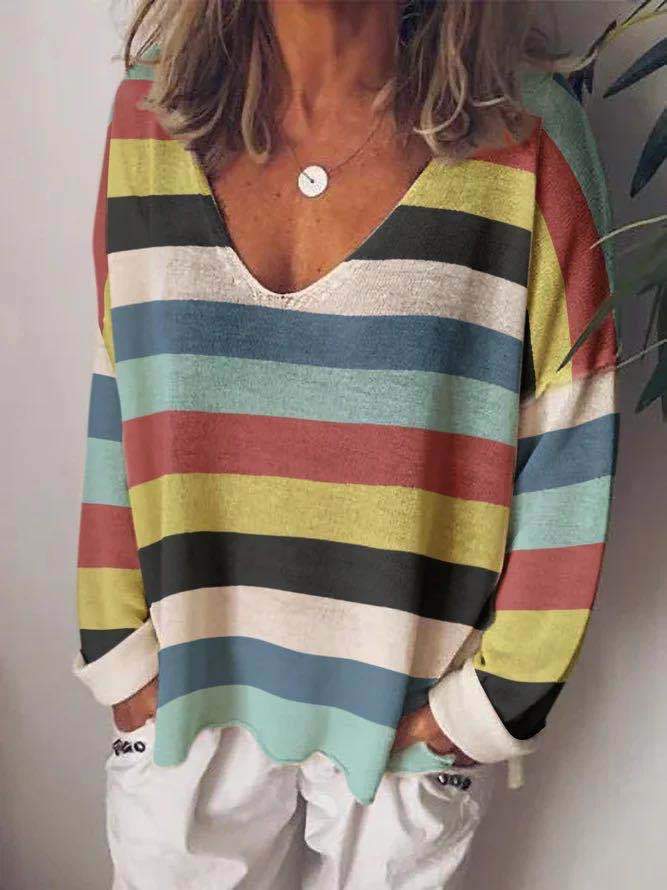 Loose V-Neck Rainbow Striped Long Sleeve T-Shirt - LuckyFash™