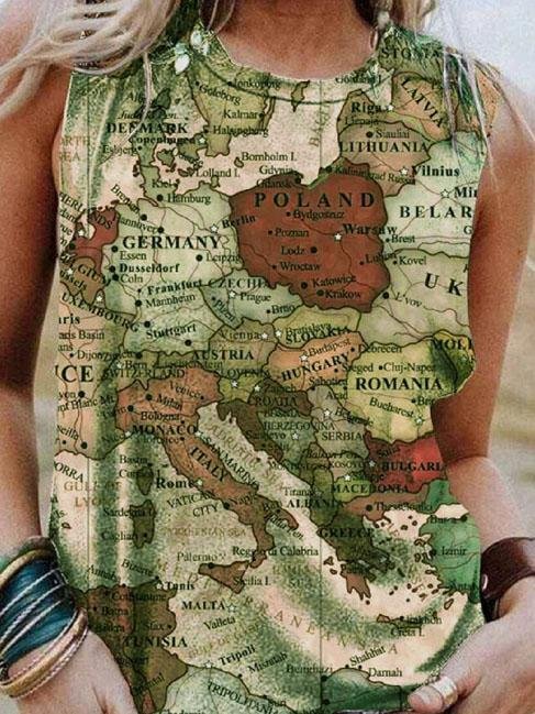 Map Printing Crew Neck Casual Tank Tops - LuckyFash™
