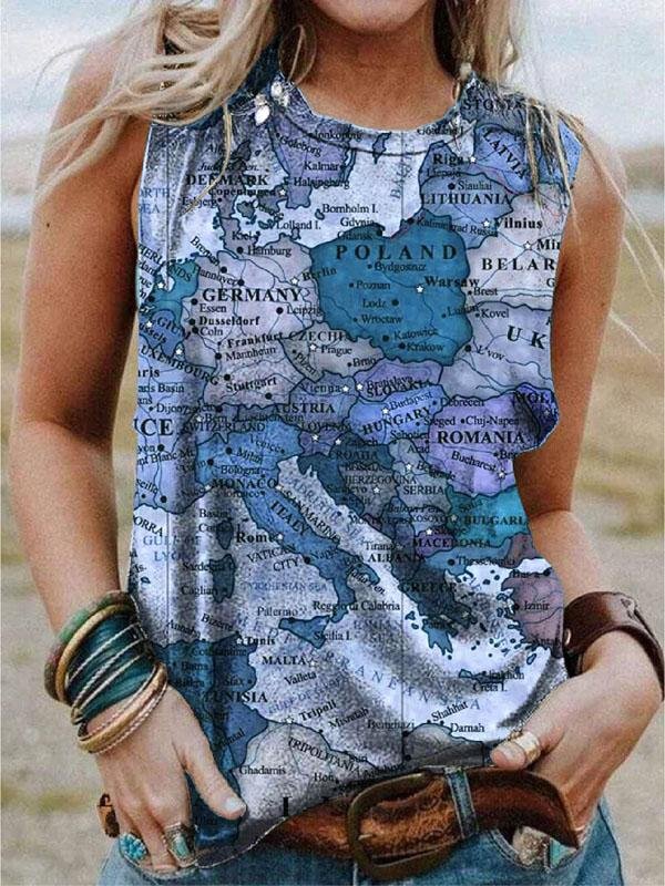 Map Printing Crew Neck Casual Tank Tops - LuckyFash™