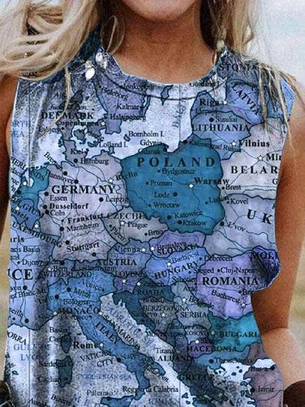 Map Printing Crew Neck Casual Tank Tops - LuckyFash™