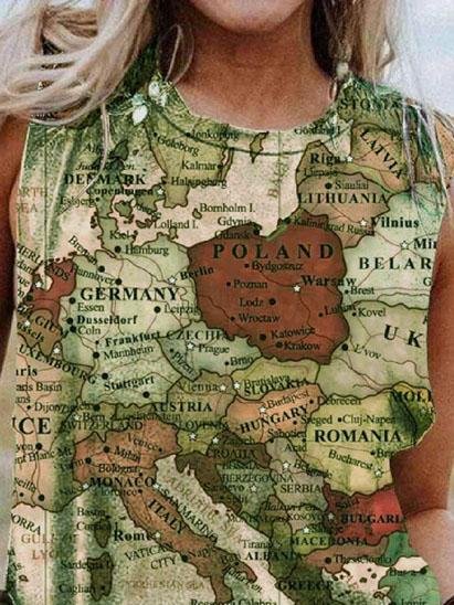 Map Printing Crew Neck Casual Tank Tops - LuckyFash™