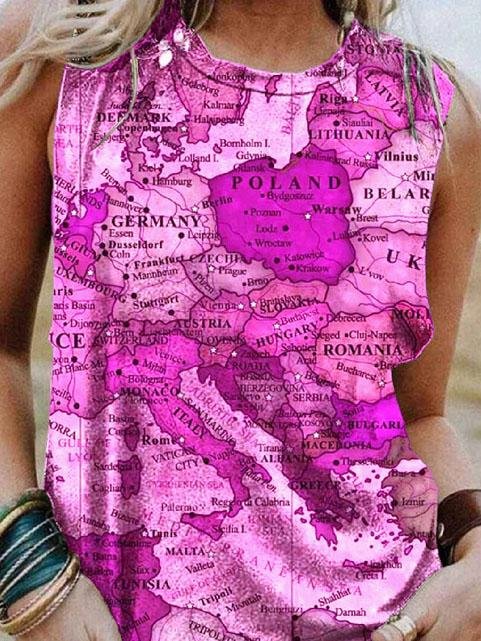 Map Printing Crew Neck Casual Tank Tops - LuckyFash™