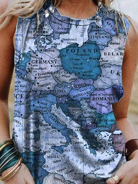 Map Printing Crew Neck Casual Tank Tops - LuckyFash™