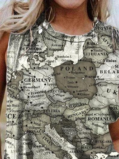 Map Printing Crew Neck Casual Tank Tops - LuckyFash™
