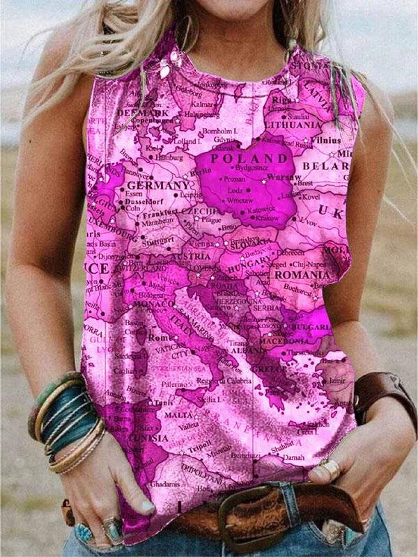 Map Printing Crew Neck Casual Tank Tops - LuckyFash™