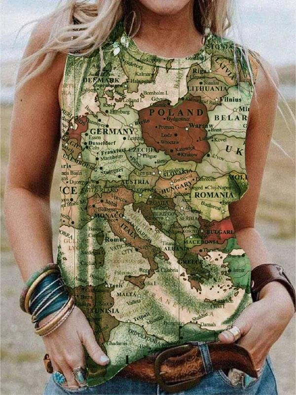 Map Printing Crew Neck Casual Tank Tops - LuckyFash™
