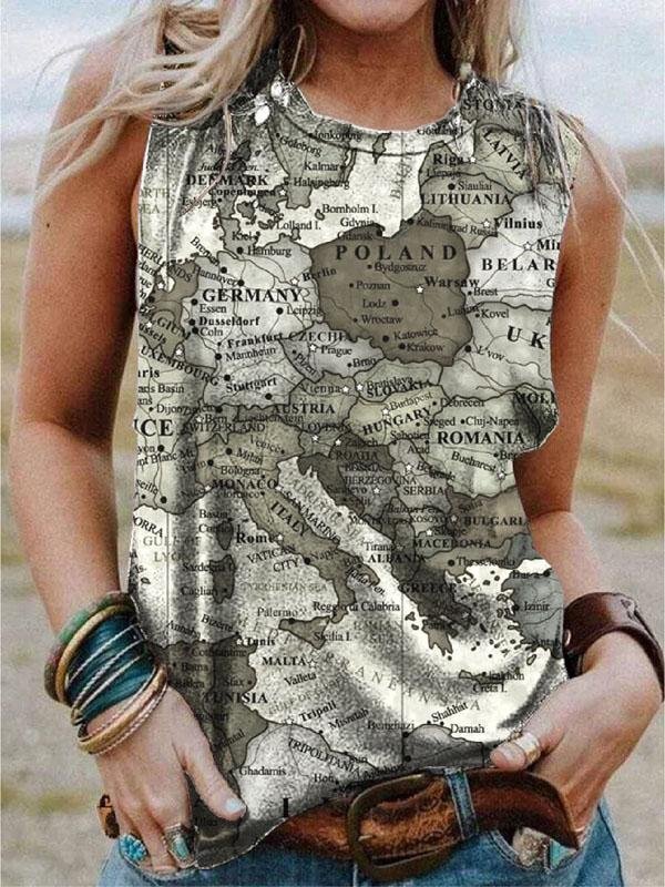 Map Printing Crew Neck Casual Tank Tops - LuckyFash™