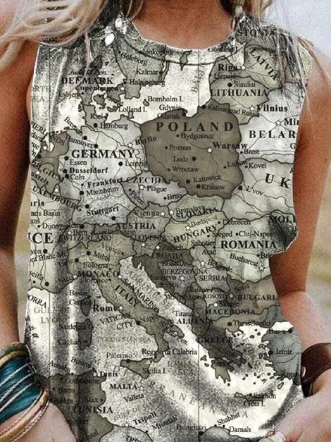Map Printing Crew Neck Casual Tank Tops - LuckyFash™