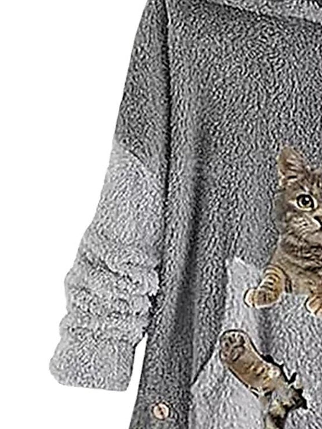 Fleece Hoodie Green Pink Grey Hooded Cat 3D Front Pocket Print Casual Streetwear 3D Print Fleece Active Fuzzy Clothing Apparel Hoodies Sweatshirts / Fleece lined for Women - LuckyFash™