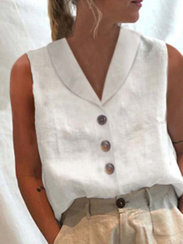 Women's Shirt Blouse White Plain Button Sleeveless Casual Basic Shirt Collar Regular S - LuckyFash™