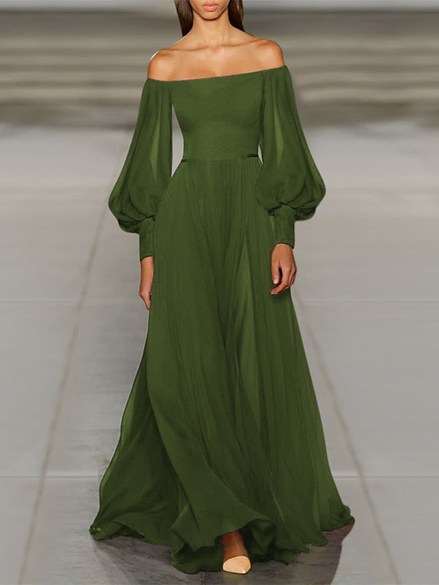 Women‘s Prom Party Dress Swing Dress Long Dress Maxi Dress Green Black Purple Long Sleeve Pure Color Cold Shoulder Fall Autumn Off Shoulder Winter Dress Evening Party Loose Fit 2023 S M L XL - LuckyFash™