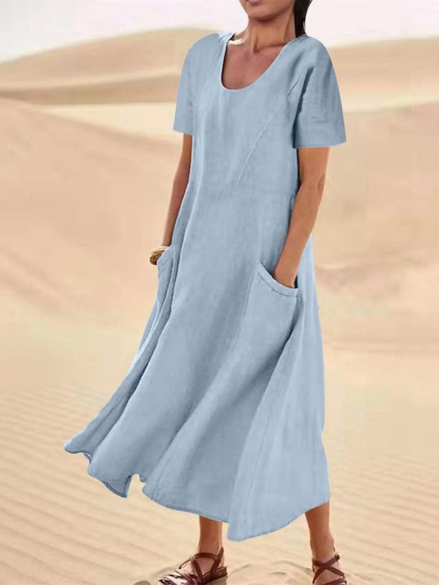 Cotton Linen Dress Casual Dress Swing Dress Maxi long Dress Linen Cotton Blend Fashion Classic Outdoor Daily Vacation Crew Neck Pocket Short Sleeve Summer Spring Loose Fit Black Pink Sky for Women - LuckyFash™