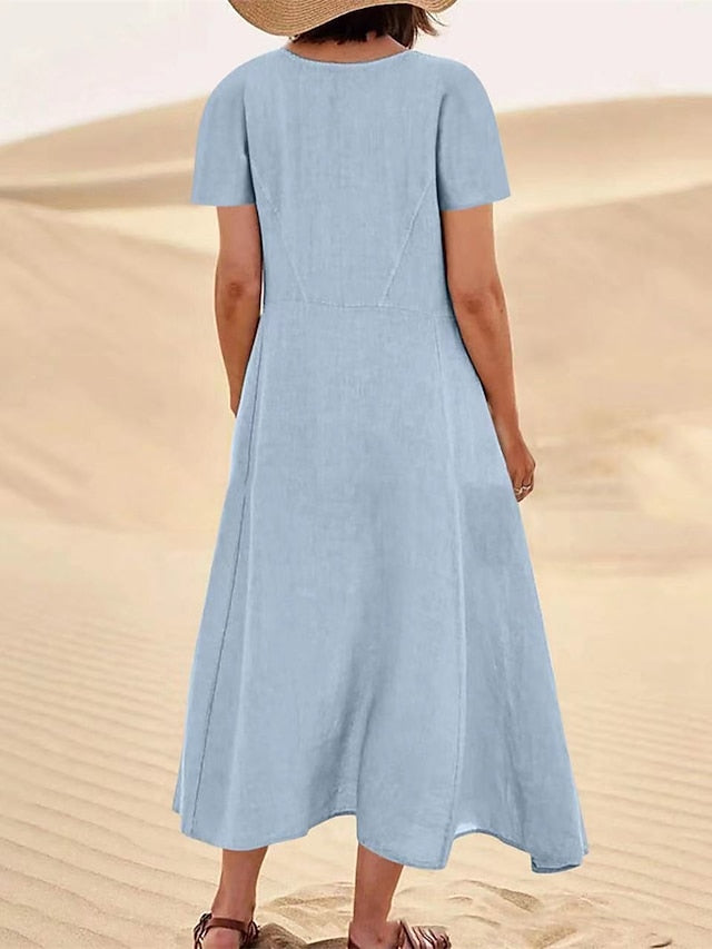 Cotton Linen Dress Casual Dress Swing Dress Maxi long Dress Linen Cotton Blend Fashion Classic Outdoor Daily Vacation Crew Neck Pocket Short Sleeve Summer Spring Loose Fit Black Pink Sky for Women - LuckyFash™
