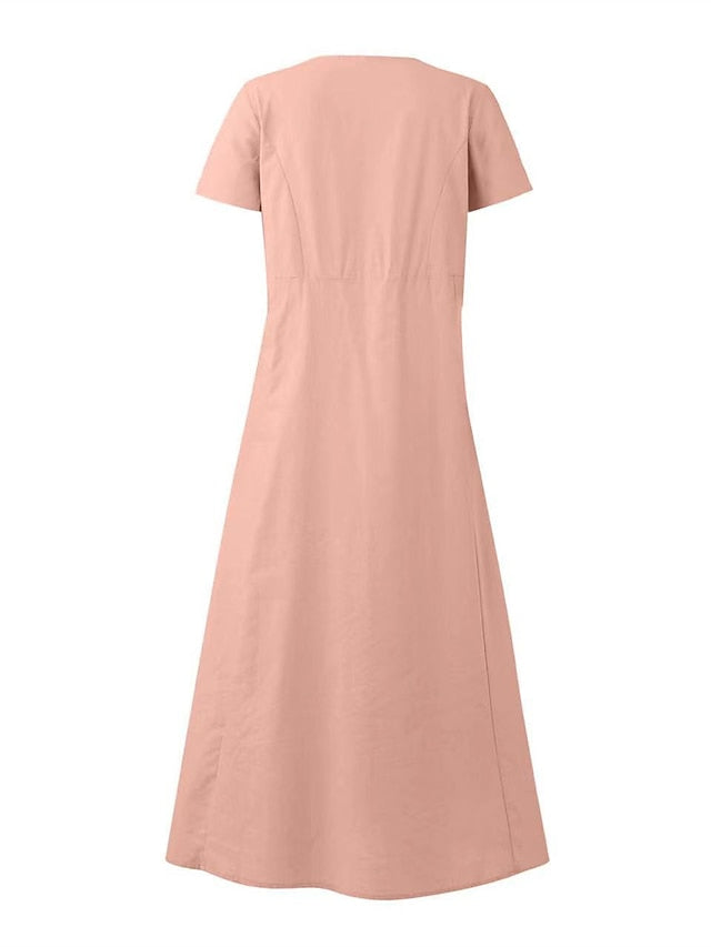 Cotton Linen Dress Casual Dress Swing Dress Maxi long Dress Linen Cotton Blend Fashion Classic Outdoor Daily Vacation Crew Neck Pocket Short Sleeve Summer Spring Loose Fit Black Pink Sky for Women - LuckyFash™