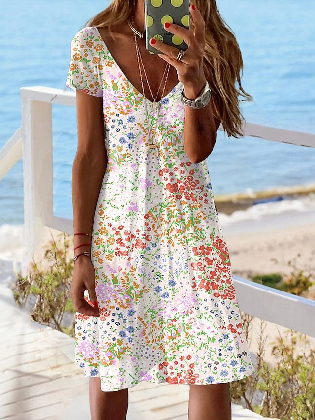 Women's Casual Dress Summer Dress Print Dress Floral Print V Neck Mini Dress Active Fashion Outdoor Daily Short Sleeve Regular Fit Orange Green Summer Spring S M L XL XXL - LuckyFash™