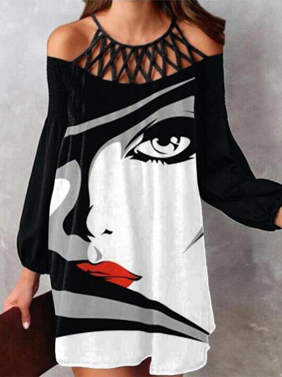 Off-shoulder Abstract Print Long Sleeve Dress - LuckyFash™
