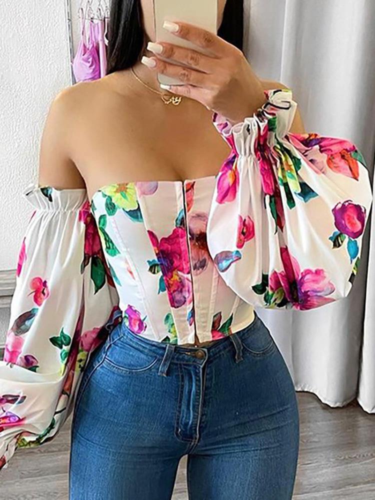 Off Shoulder Lantern Sleeve Floral Print Top - LuckyFash™