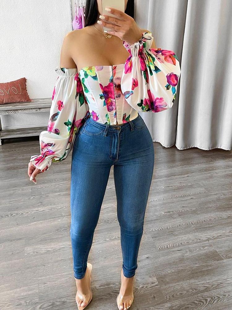 Off Shoulder Lantern Sleeve Floral Print Top - LuckyFash™