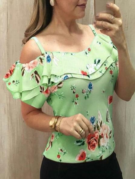 Off Shoulder Strap Print T-shirt - LuckyFash™