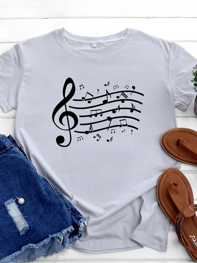Women's T shirt Tee 100% Cotton Black White Light Green Music Print Short Sleeve Daily Weekend Basic Round Neck Regular 100% Cotton S - LuckyFash™