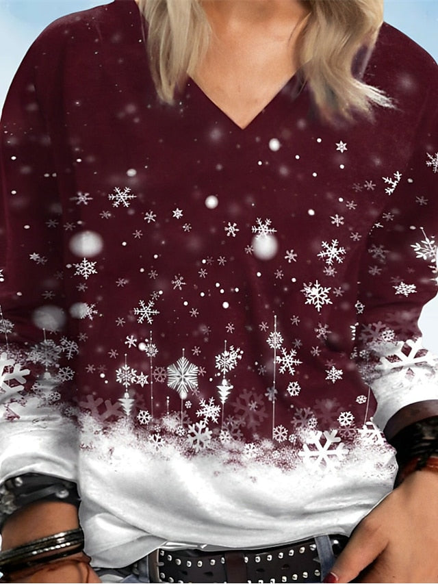 Women's Pullover Sweatshirt Red Sunflower Snowflake Print Long Sleeve Christmas Daily Casual Holiday Christmas V Neck L - LuckyFash™