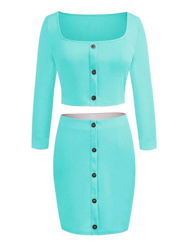 One-shoulder Long-sleeved Crop Top & Skirt Suit - LuckyFash™