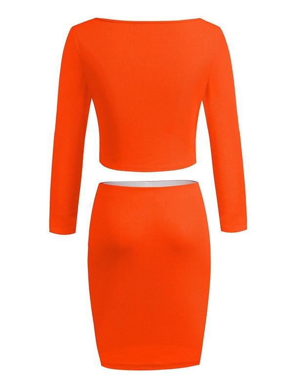 One-shoulder Long-sleeved Crop Top & Skirt Suit - LuckyFash™